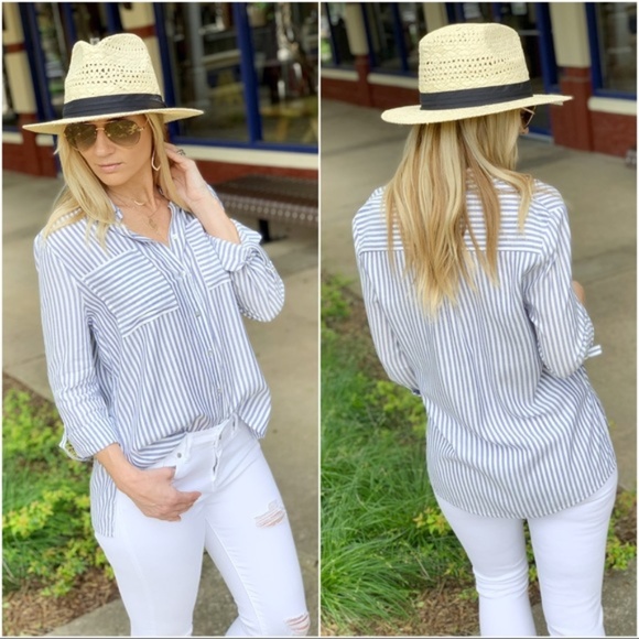Infinity Raine Tops - Blue Stripe Button Down Tunic Infinity Raine Tops - Blue Stripe Button Down Tunic